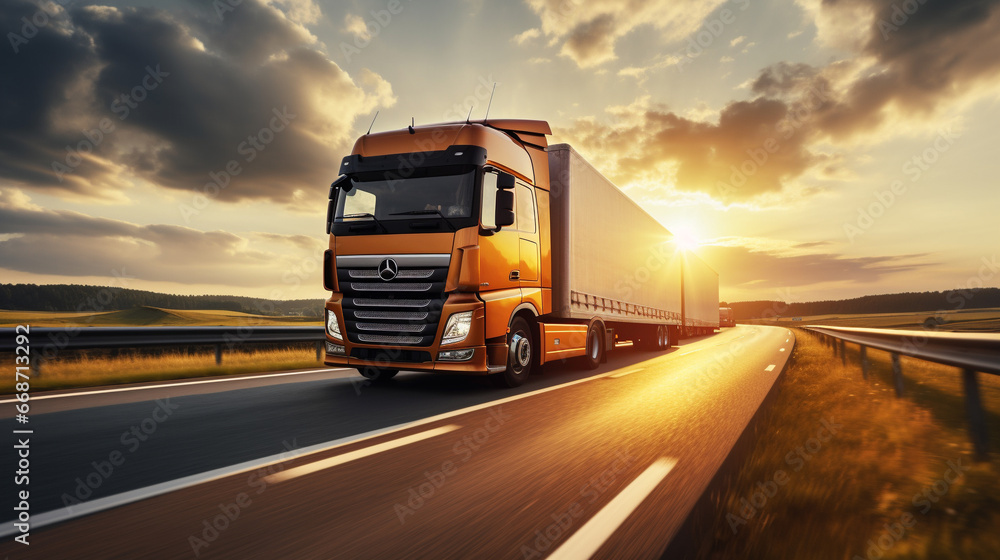 Extremely closeup of a truck driving down a europe road at sunny day