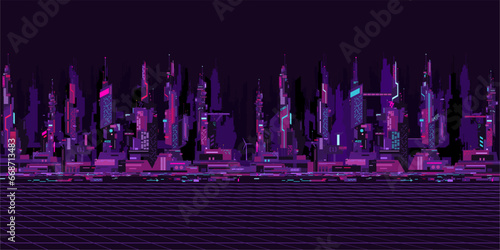 Flat Simple Abstract Futuristic Sci-fi Cyber Space City Landscape Vector Illustration Background Template Element