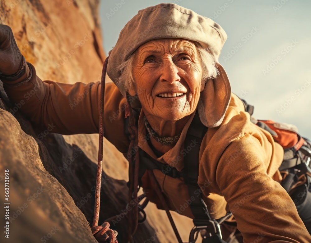 Obraz premium Hispanic Female Elderly Climber Scrambling Background Generative AI