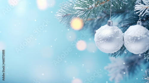 Close up view of a detail of some snowy branches with christmas balls on a soft blue background with snowflakes falling. Copy space design