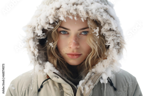 Portrait of a Young Girl in Snow Isolated on a Transparent Background