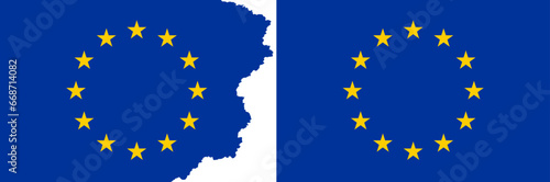 EU flags vector. Standard flag and with torn edges