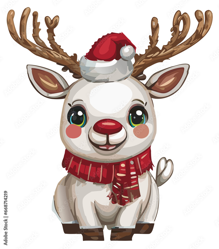 Cute reindeer, smiling animal character in Christmas clothing