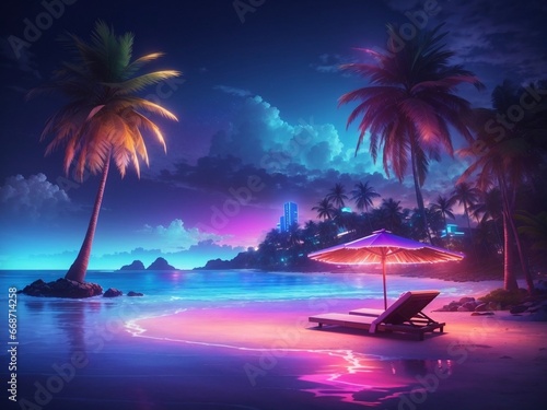 A neon-lit coastal boardwalk with glowing palm trees   creating an atmosphere of relaxation and tranquility.