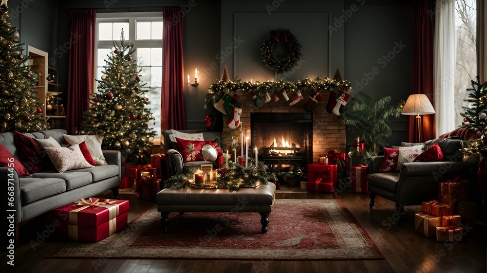 A family living room in Christmas. Warm and friendly house with fireplace and xmas trees. AI Generated