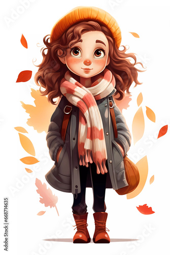 Cute Girl Dressed in Autumn Clothes. Happy cartoon character. Realistic colorful isolated illustration on white background.