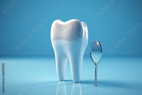 Dental mirror inspects a tooth against a blue backdrop  a 3D illustration