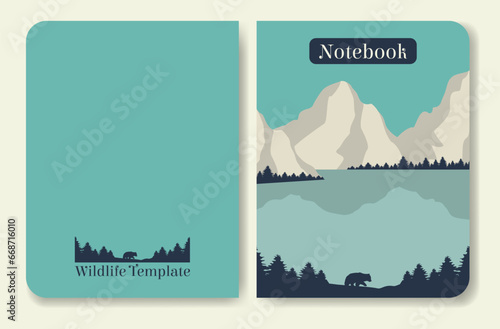 Notebook page blue landscape design. Wildlife cover illustration.