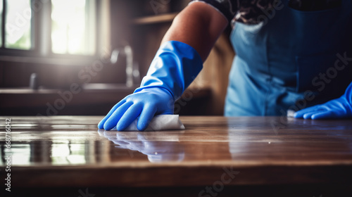 Woman hands in rubber gloves dusting wooden table, kitchen room interior. Cleaning home concept. 