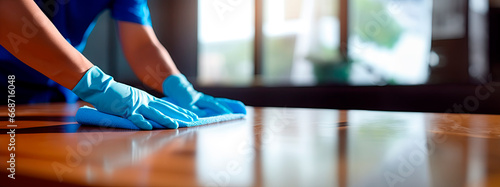 Woman hands in rubber gloves dusting wooden table, kitchen room interior. Cleaning home concept.	
 photo