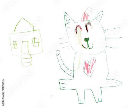 Drawing of a cat and a house, in the style of robotics kids, precisionist art, cut and paste, light magenta and green, barbizon school