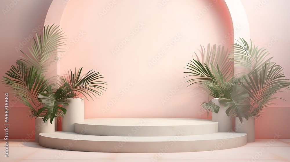 Minimalistic scene in soft pink tone with tropical plants for products. Generation AI