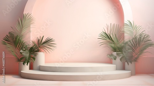 Minimalistic scene in soft pink tone with tropical plants for products. Generation AI © Terablete