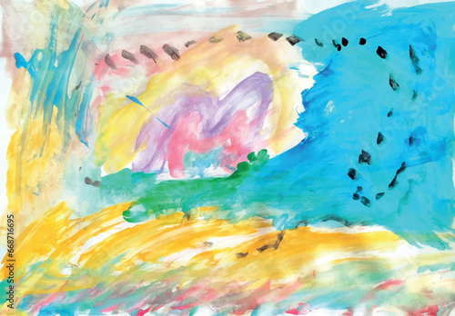 Children's gouache work with bright colors and rainbows, in the style of gestural abstract expressionism, lively, colorful impressionist landscapes, dark yellow and light aquamarine, colorful image