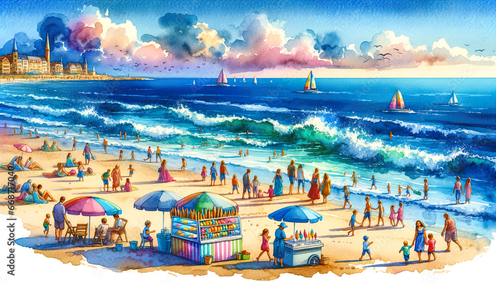 Seaside Serenity: A Watercolor Illustration of Coastal Delight, Childrens Book, Beachy vibes
