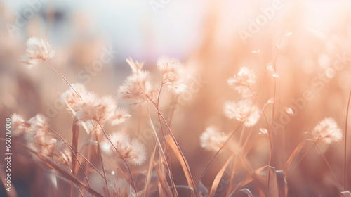 Summer wild flowers in a meadow at sunset. Abstract summer nature background