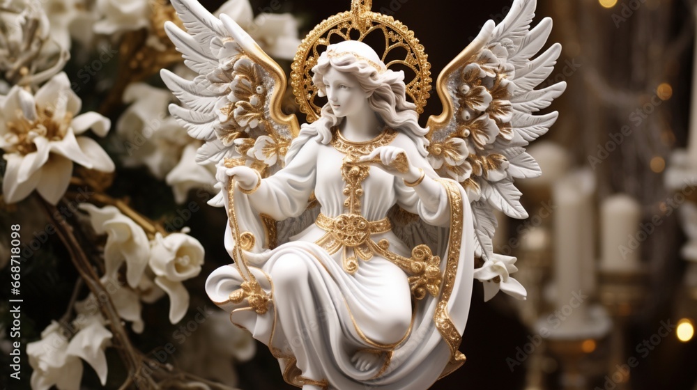 Charming white and gold angel ornament with intricate details.