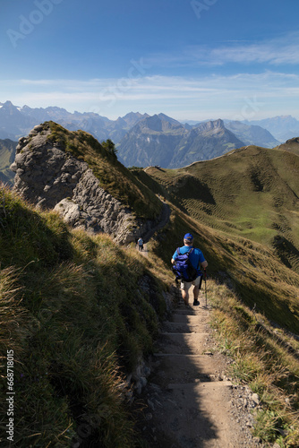 Hiker in the mountains  Stoos  Schwyz  Switzerland