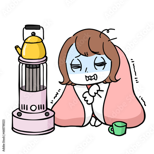 灯油が切れて寒がっている女性　布団
