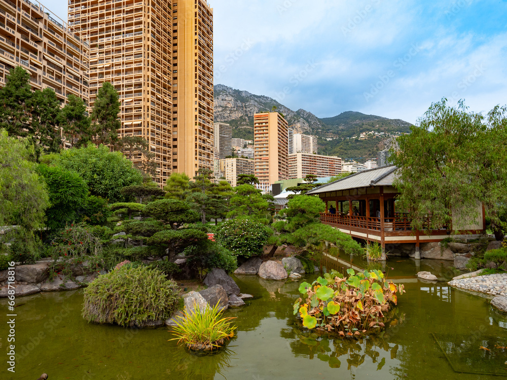 Image of the Japanese garden in Monaco during a summer day.