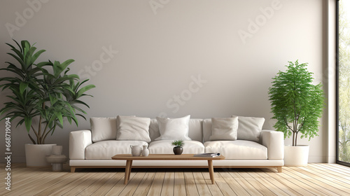 Modern living room with table, plants, picture on the wall, furniture, couch and chairs, mock-up   Generative AI © DigitalDreamscape