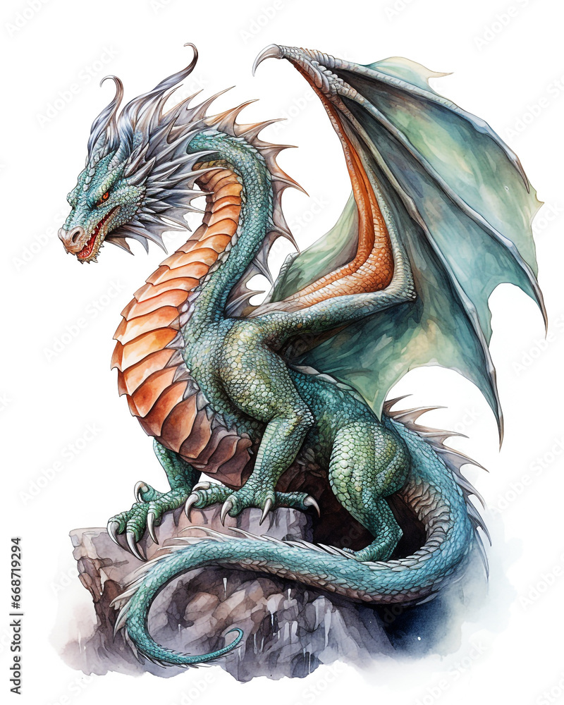 Obraz premium Watercolor green dragon. Symbol of new 2024 year, isolated