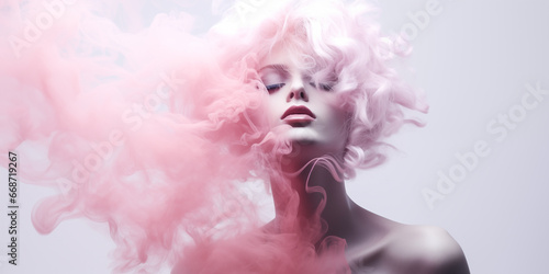 Fashion portrait of a beautiful woman with pink hair and smoke.