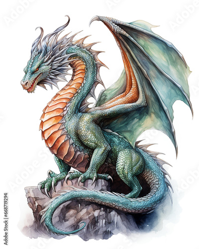 Watercolor green dragon. Symbol of new 2024 year, isolated © Daria