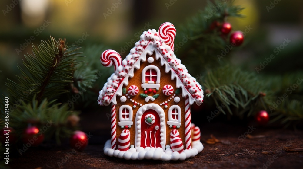 Adorable miniature gingerbread house ornament with candy cane trim.