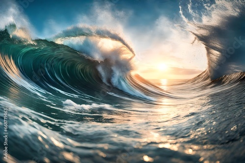 A Powerful beautiful wave breaking from a side view 