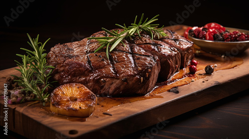 steak with rosemary sprig and herbs on a wooden board