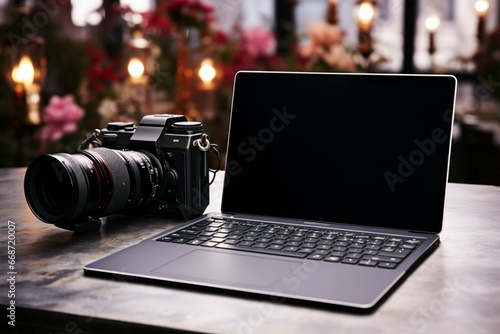 Table arrangement Black camera and laptop, a perfect tech duo