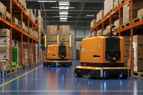 Warehouse in a logistics center with an automated guided delivery vehicle