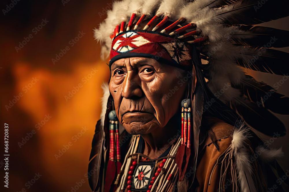 Portrait of old native American Indian -headdress tribal chief hat with feathers, generative ai