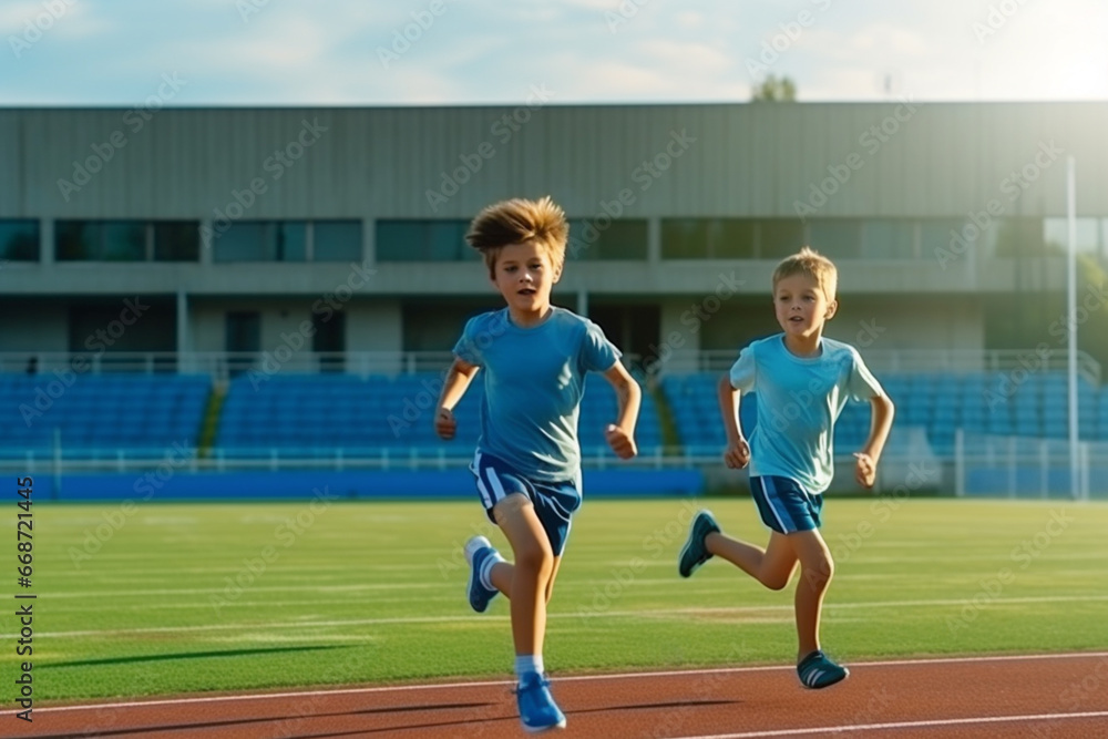 Friends running on the sports track at the stadium. Little children run and train at the stadium on a sunny day. Generative AI 