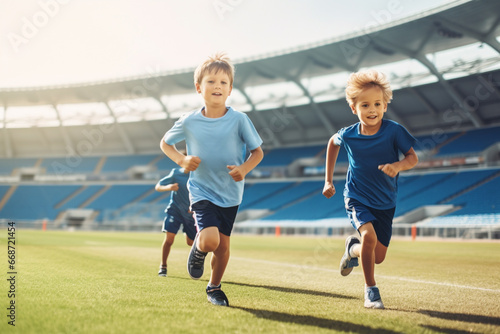 Friends running on the green grass at the stadium. Little children run and train at the stadium on a sunny day. Generative AI 
