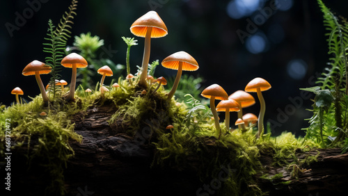 Psilocybin mushrooms growing on moss in the forest