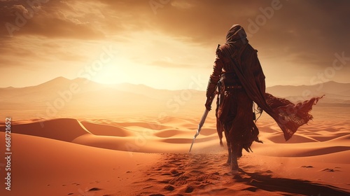 Eastern warrior in the desert. Generation AI photo