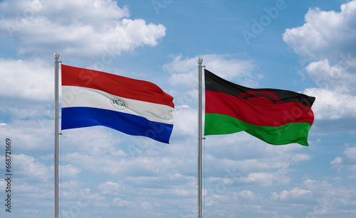 Malawi and Paraguay flags, country relationship concept