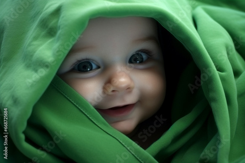 A 1 year old infant boy, adorned in a green hood, captivates with his enchanting, beautiful blue eyes, radiating charm in the studio light. Generative AI.