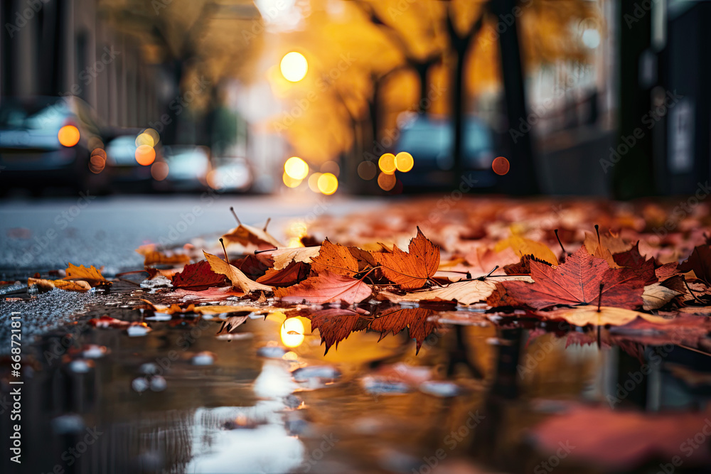 autumn leaves on street, rained leaves on the street in autumn, fall colored autumn leaves and street reflect the rain autumn leaves on street, rained leaves on the street in autumn, fall colored autumn leaves and street reflect the rain