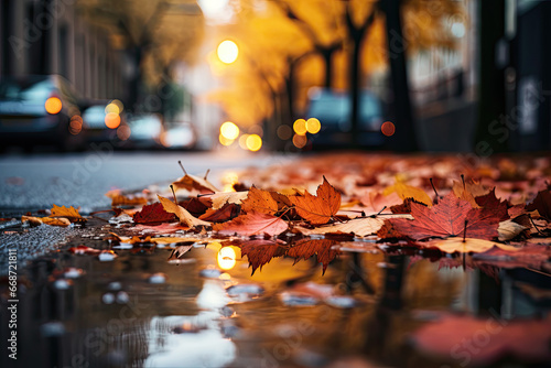 autumn leaves on street  rained leaves on the street in autumn  fall colored autumn leaves and street reflect the rain