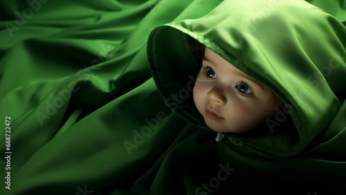 In a green hood, a 1 year old infant girl mesmerizes with her striking, lovely blue eyes, reflecting the studio's gentle illumination. Generative AI.