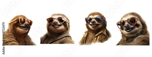 smiling sloth wearing sunglasses on transparent background photo
