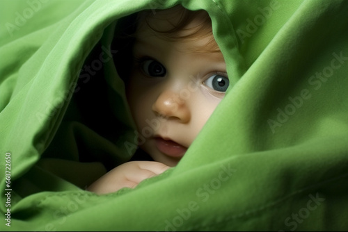 In a green hood, a 1 year old infant girl mesmerizes with her striking, lovely blue eyes, reflecting the studio's gentle illumination. Generative AI.