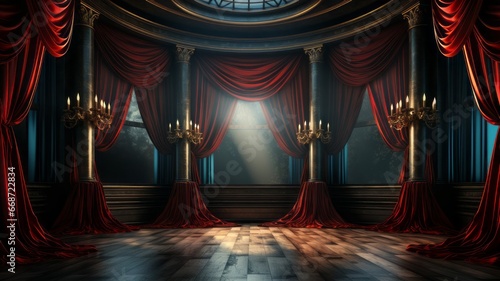 Indoor theater performance on stage with red curtains