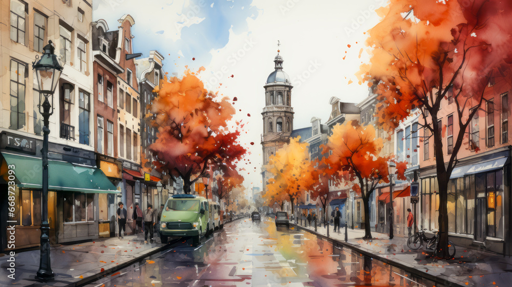 Fototapeta premium Watercolor painting of a city streets in autumn