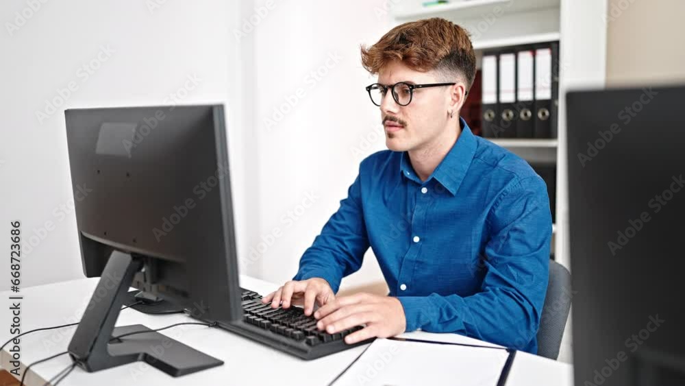 Young hispanic man business worker using computer smiling at the office Young hispanic man business worker using computer smiling at the office