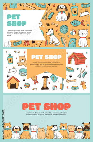 set of pet shop horizontal banners with copy space and doodles for vet clinics, pet shelters. Good for posters, prints, invitations, cards, leaflets, etc. EPS 10