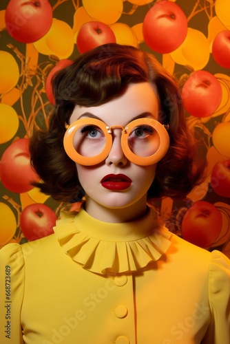 Stylish portrait of a woman with brightly colored glasses with fruit on orange background
